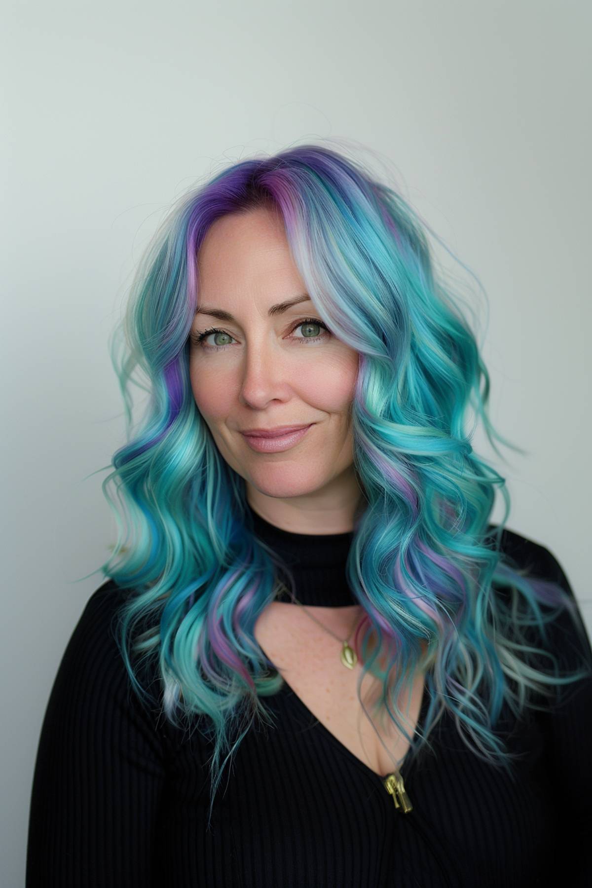 Teal, blue, and violet hair with loose curls