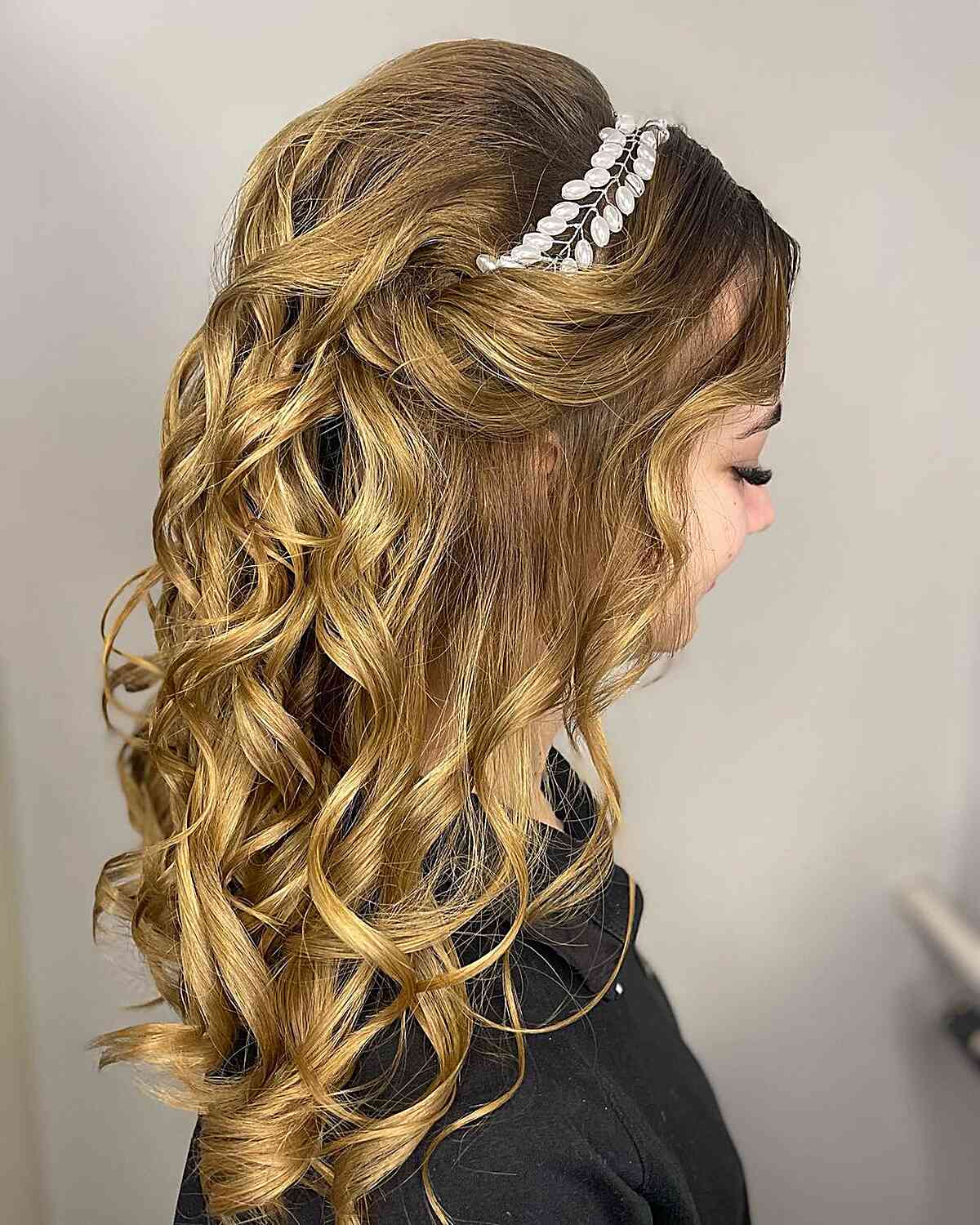 Bouffant with Pearl Headband and Loose Curls for Long Blonde Hair
