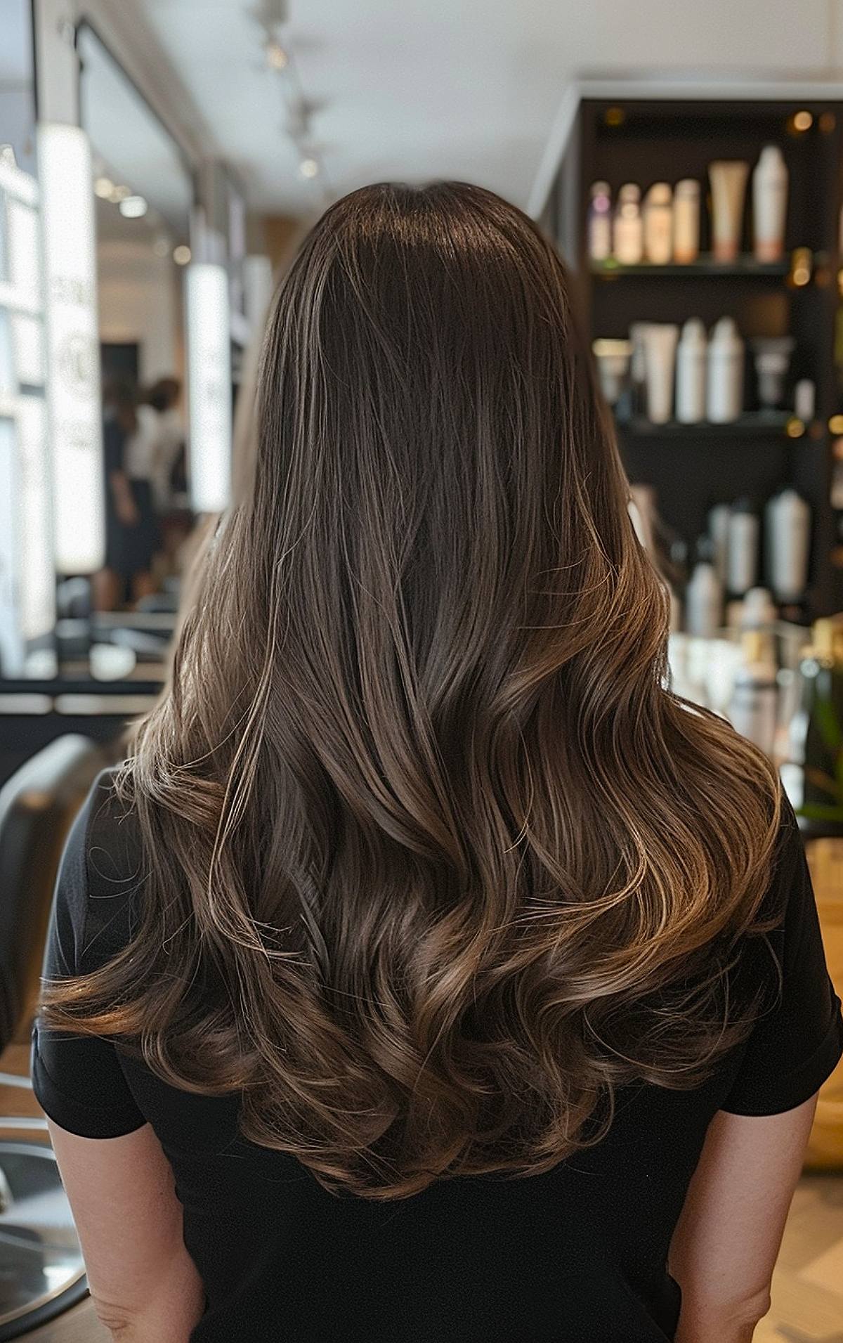 Long brunette hair with a bouncy blowout and voluminous curls