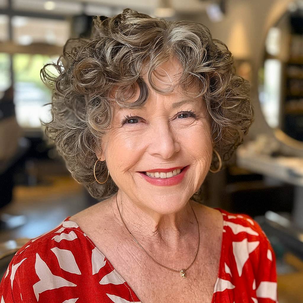 Short bouncy curls for women over 50 with defined shape and lifted volume