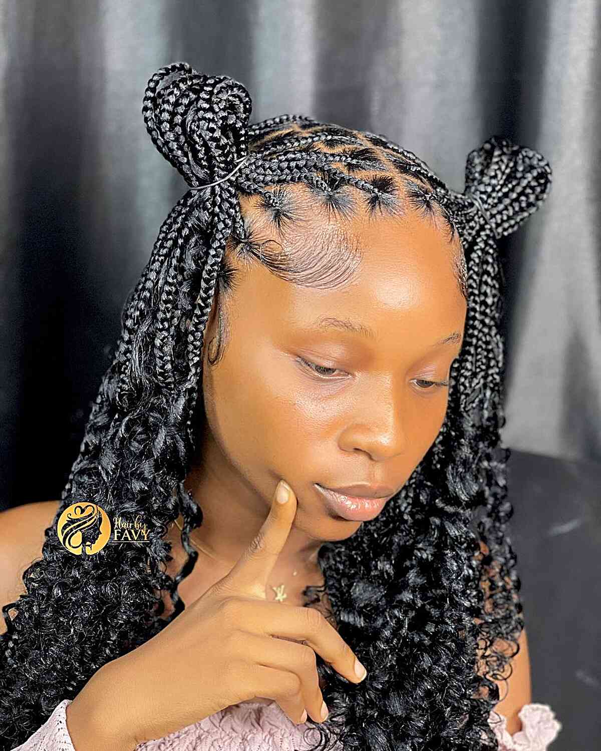 Box Braids with Two Buns for black girls with natural curly ends