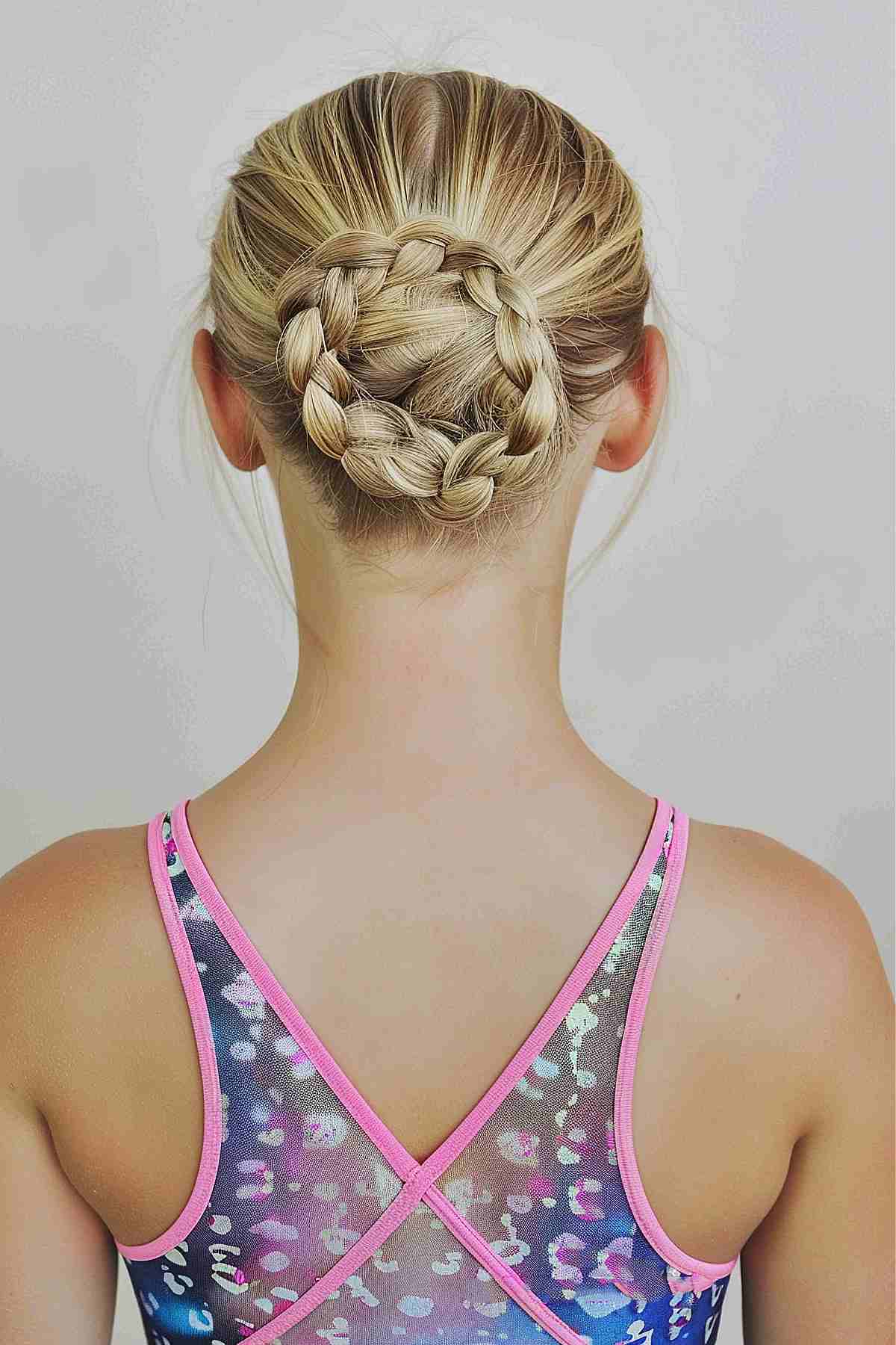 Girl with a braided bun, wearing a colorful swimsuit