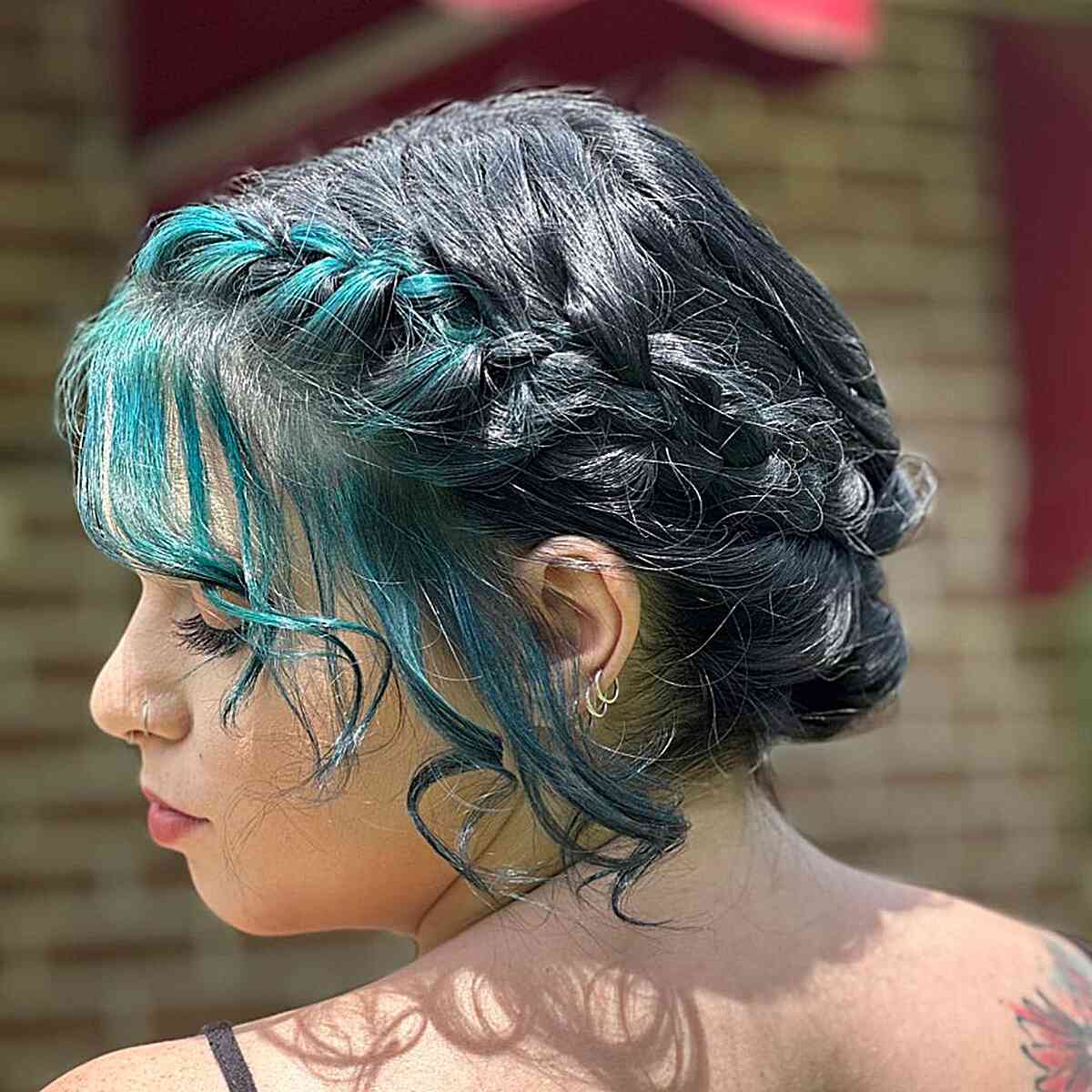 Braided Bun Updo with Green Face Frame and Fringe