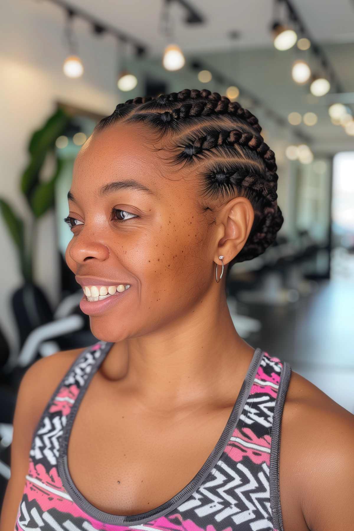 Braided cornrows hairstyle for a secure and durable workout style