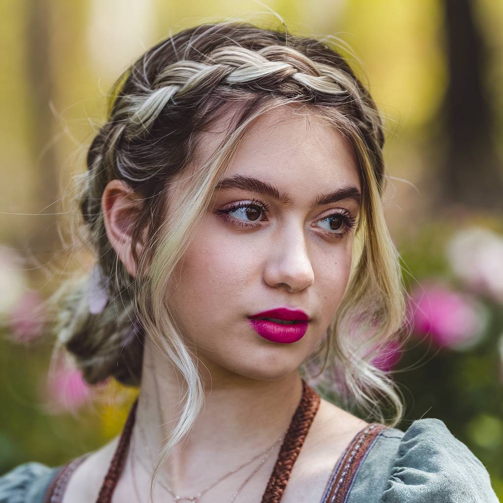 Boho braided crown prom hairstyle with loose face-framing tendrils