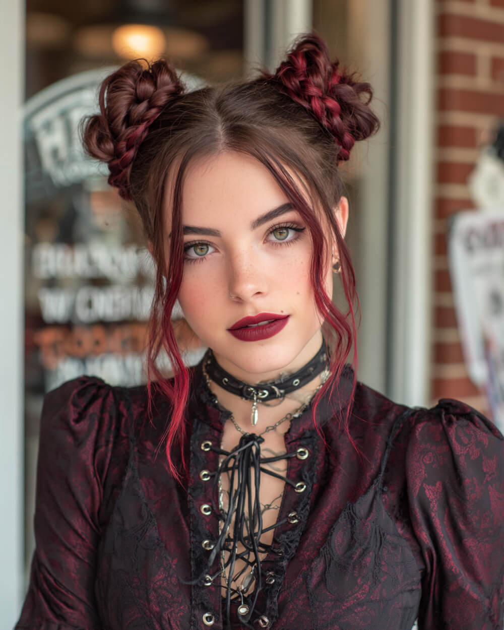 Braided double buns with loose red accents, gothic Halloween hair idea