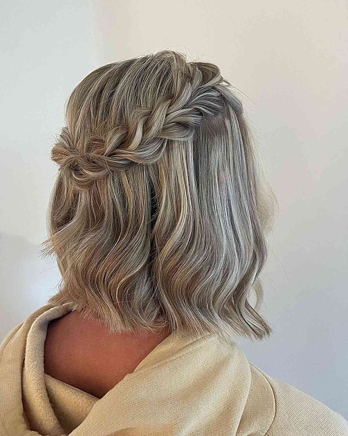 Braided Half-Up on a Wavy Blunt Bob on Thick and Dimensional Grey Hair