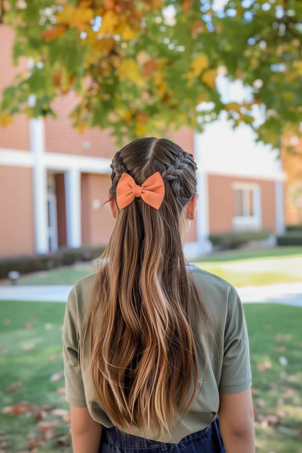 Young girl with a braided half-up style and bow, showcasing long hair