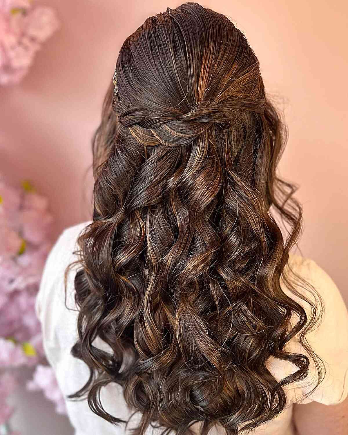 Long Braided Half Up with Voluminous Waves as wedding guest hairstyle