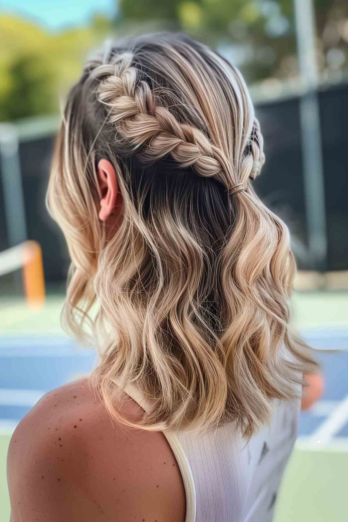 Braided half updo for layered hair with loose waves on the tennis court