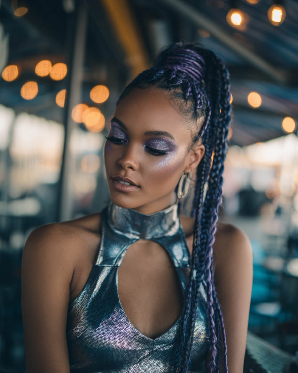 Braided high ponytail with purple extensions, bold Halloween hair idea for long braids