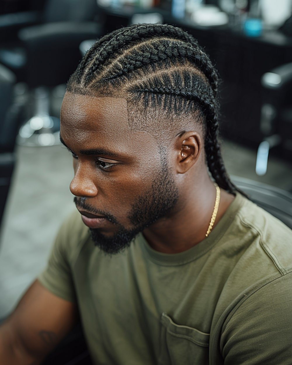 Cornrow braids with clean fade and defined parts for men