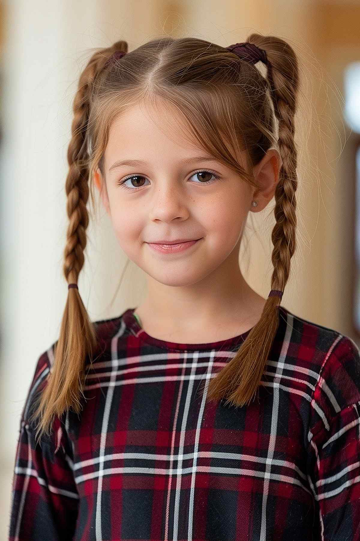 Young girl with braided pigtails and bangs hairstyle