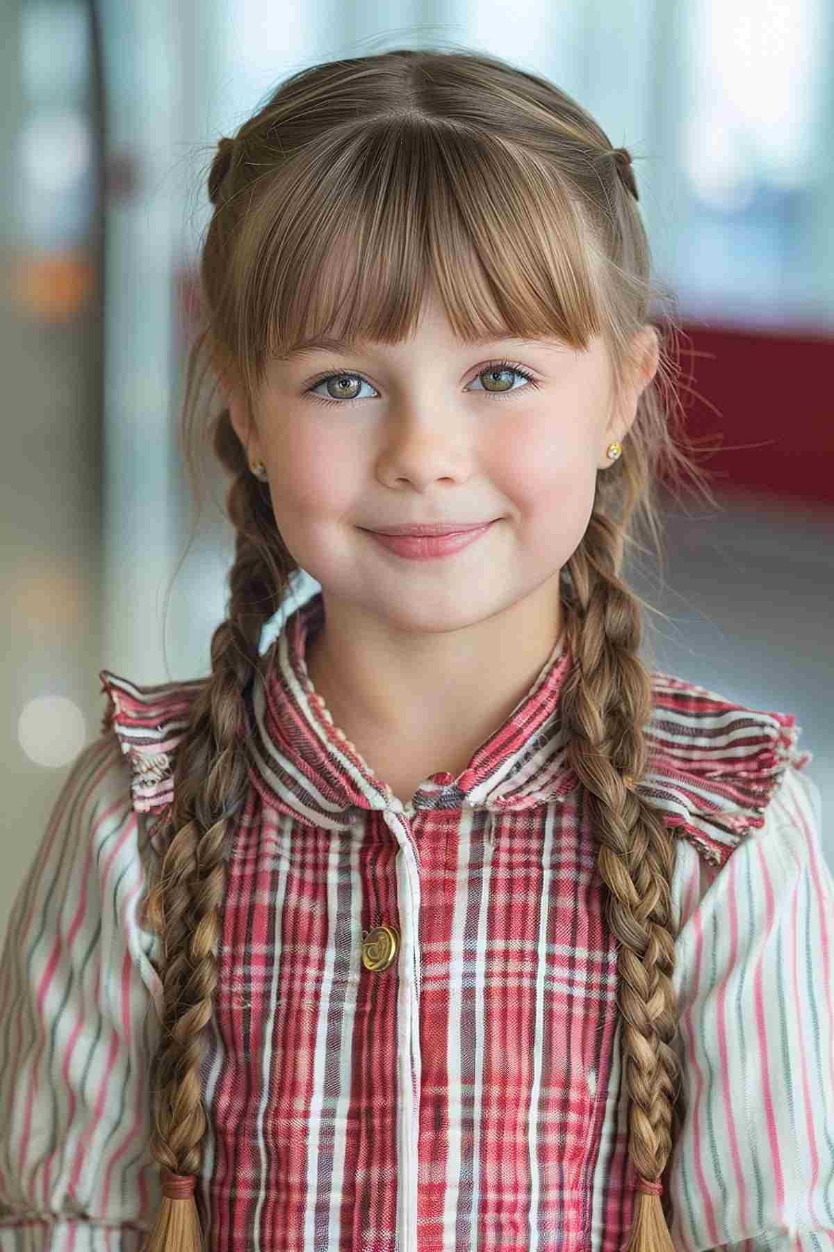 Young girl with braided pigtails and bangs, perfect for round faces