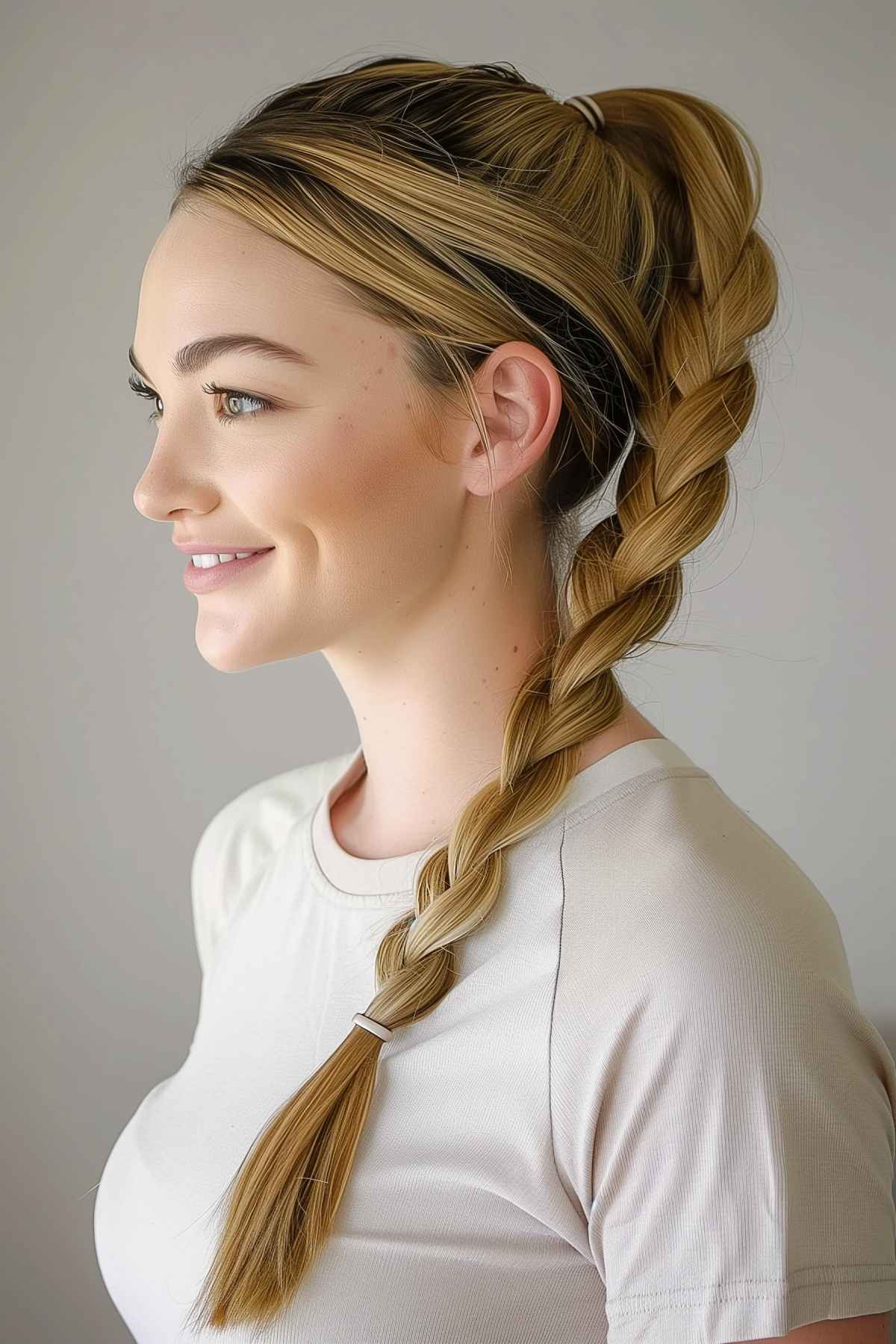 Braided ponytail hairstyle for long hair, ideal for gym workouts