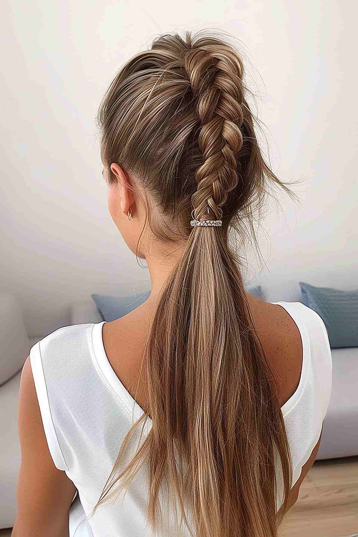 Woman with a braided ponytail, wearing a white top