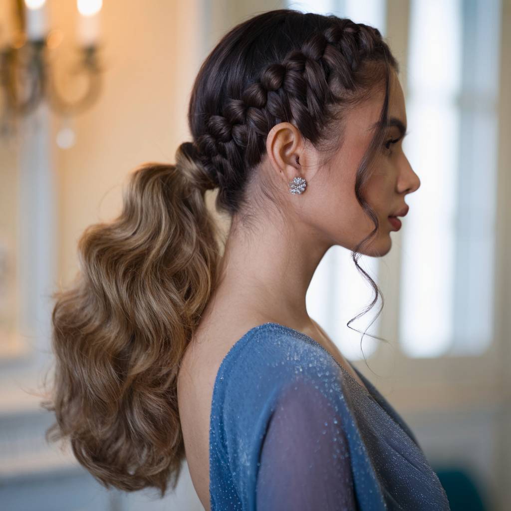 Voluminous prom ponytail with double crown braids