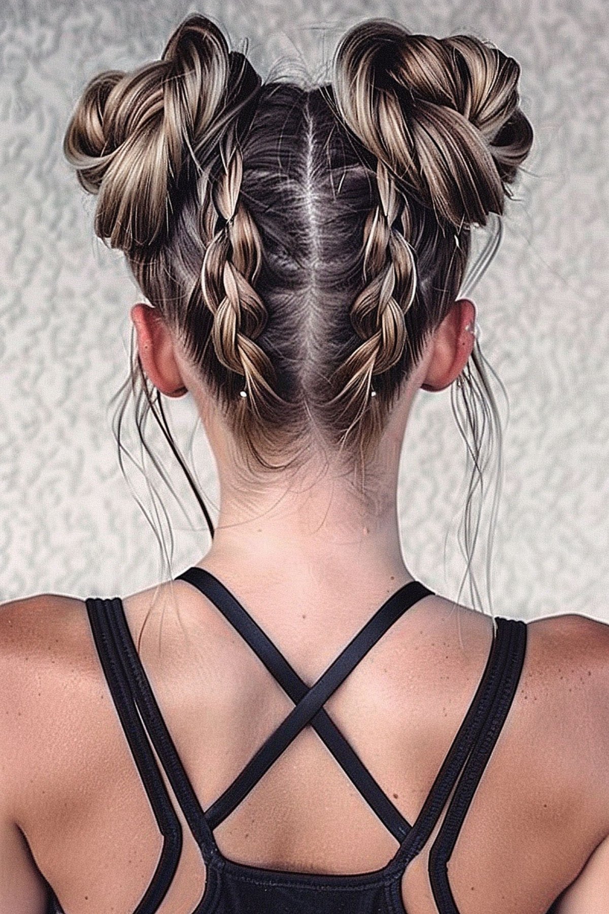 Braided space buns hairstyle with intricate braiding detail for swimming
