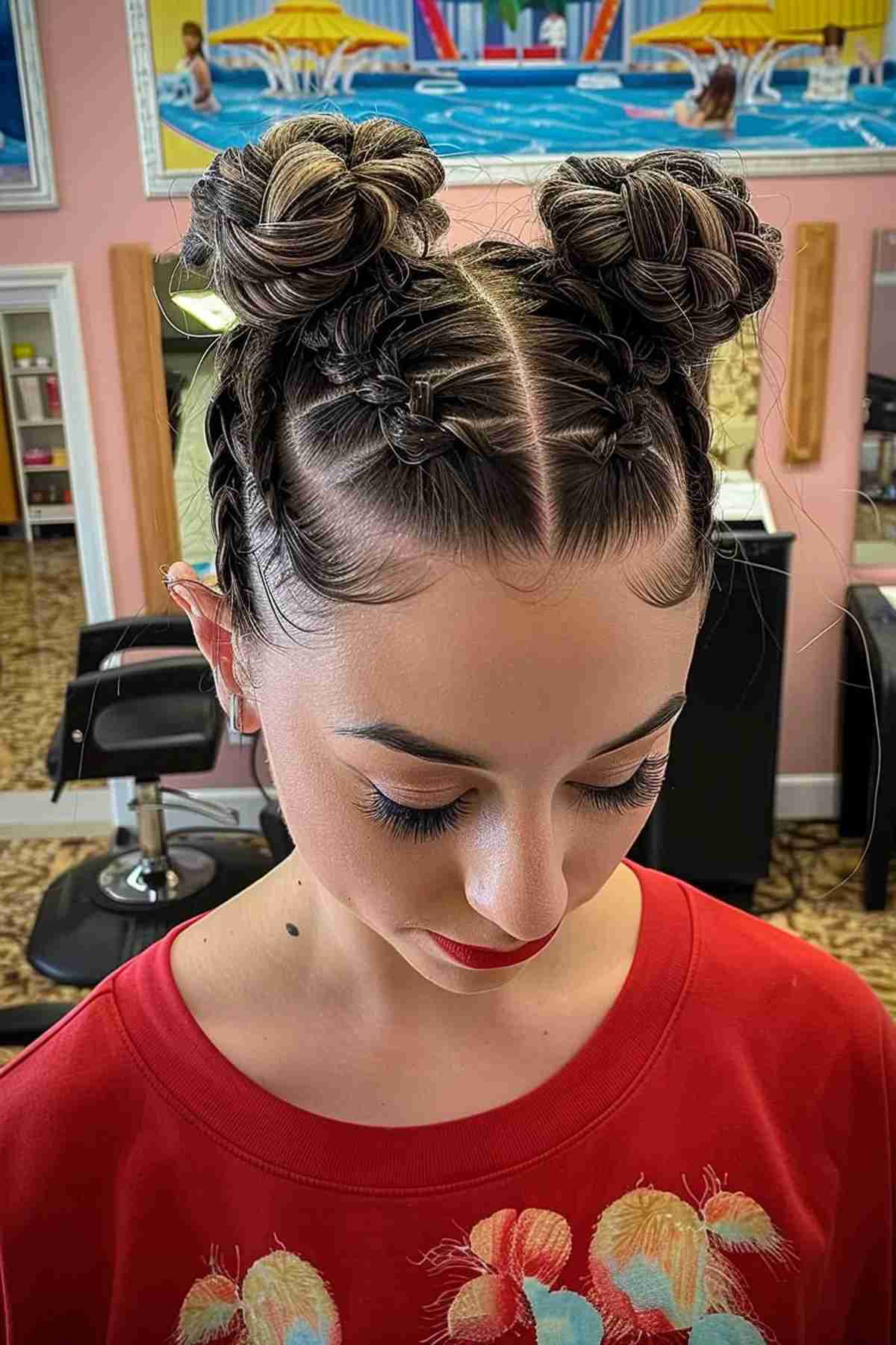 Top view of a woman with braided space buns, featuring two front braids wrapping into buns, perfect for medium to long hair at the waterpark