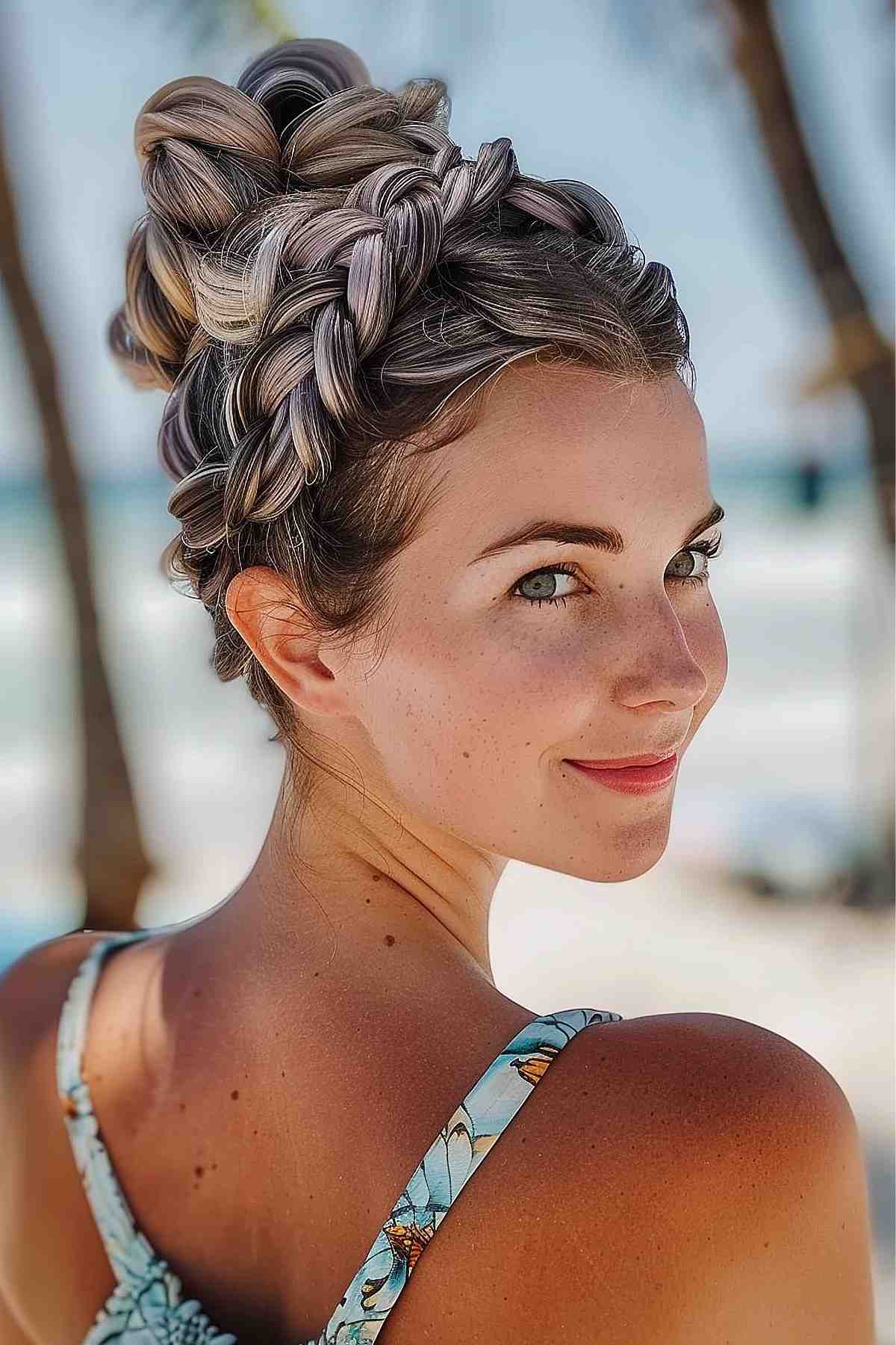 Braided updo for a beach day with intricate braids