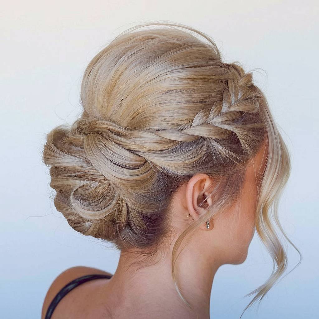 Braided prom updo with textured bun and soft face-framing layers