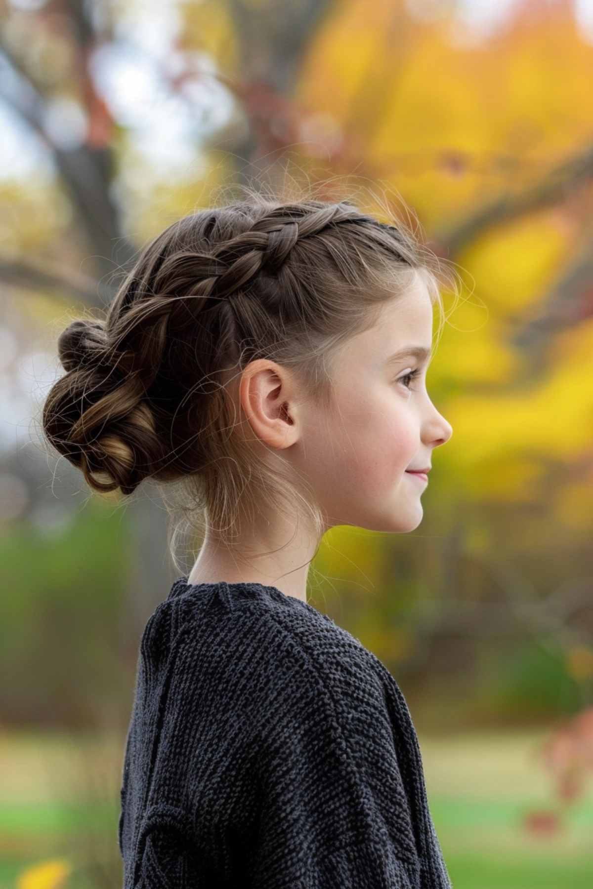 Young girl with a braided updo for thick hair, wearing a dark sweater