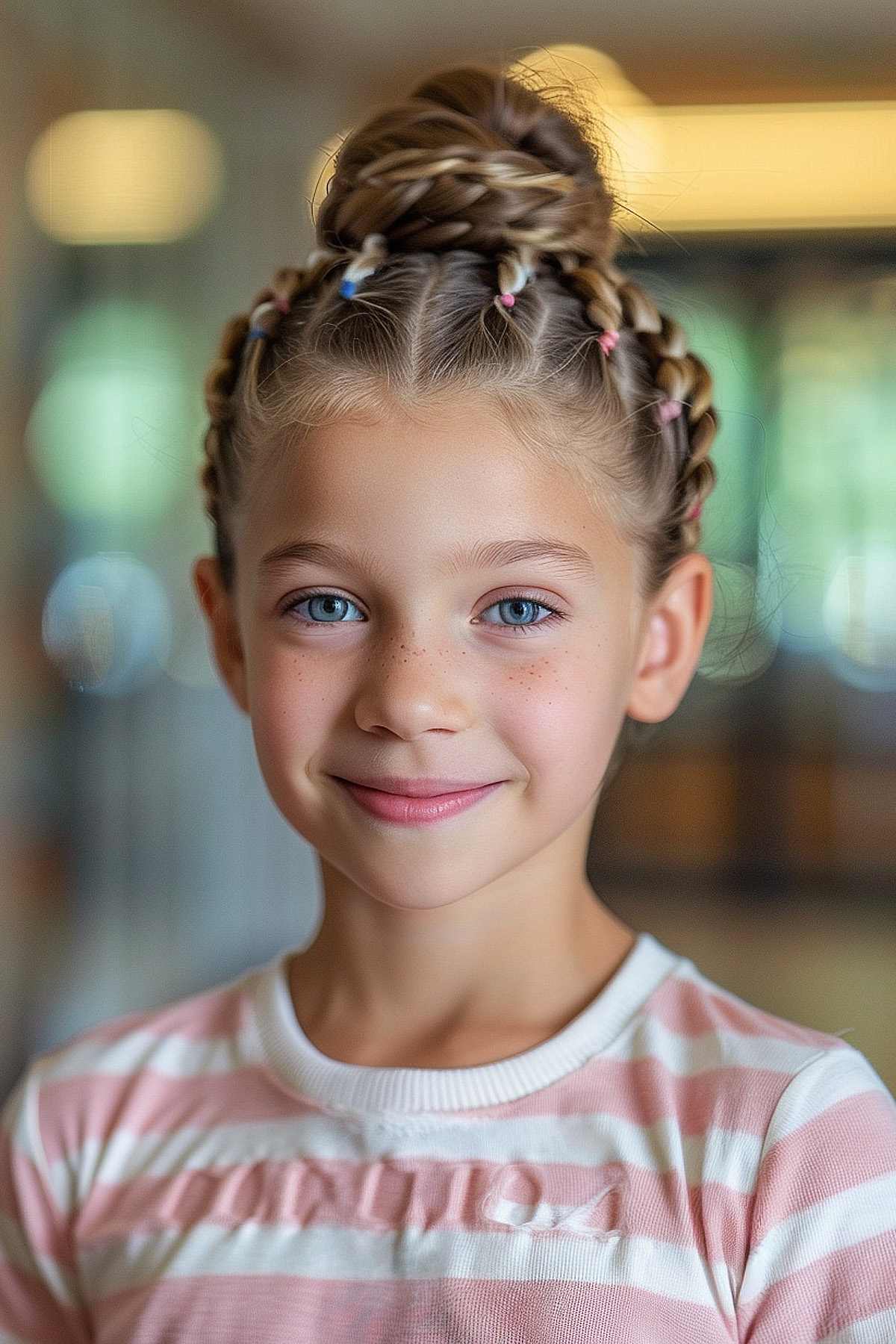 Young girl with a braided updo and top knot hairstyle