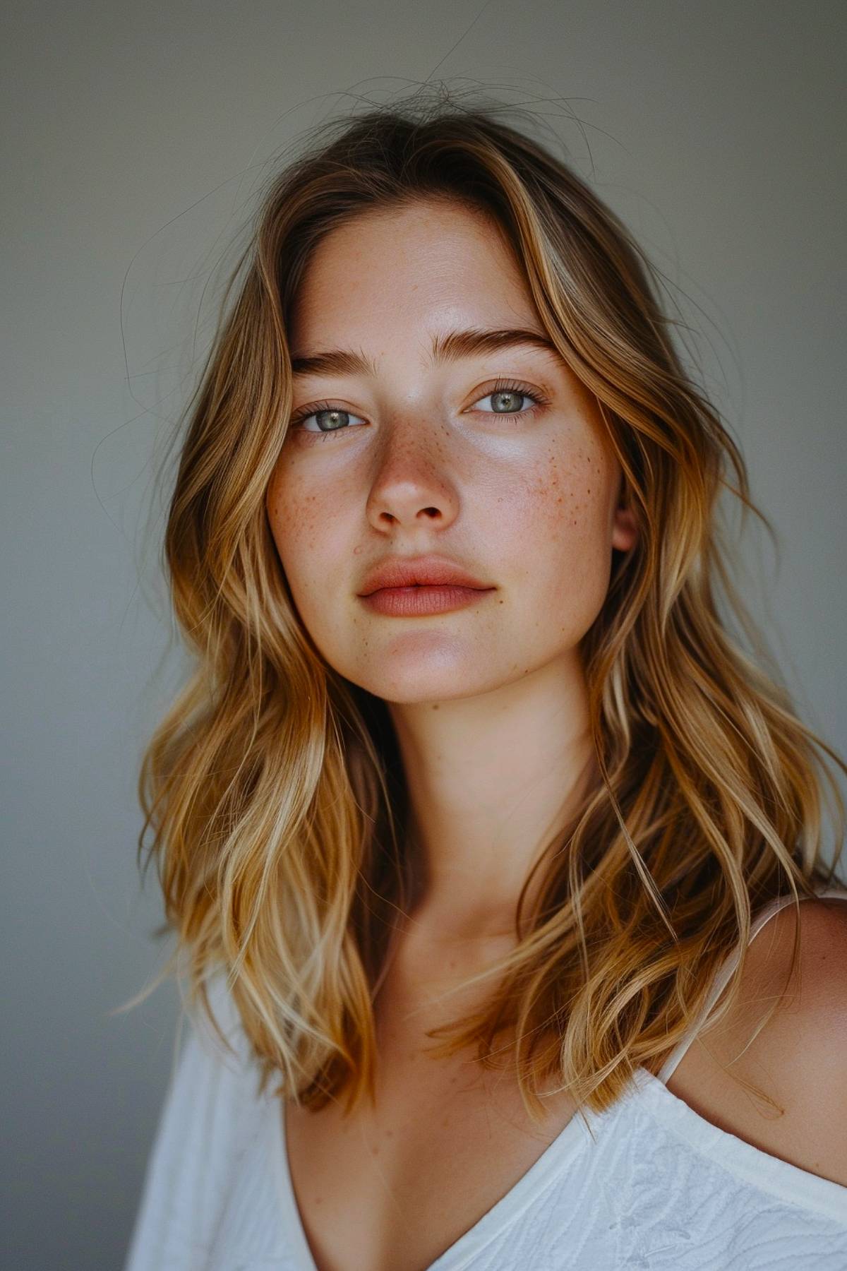 Wavy medium-length haircut with blonde highlights