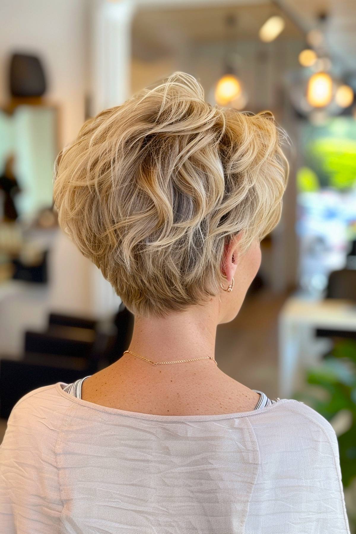 Golden blonde wavy pixie haircut with tapered back