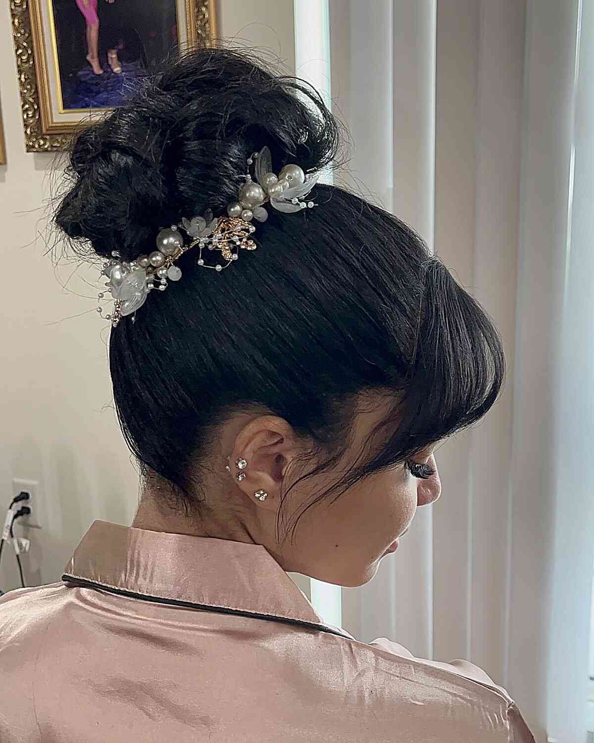 Bridal Sleek Bun Updo with Hair Accessories and Fringe