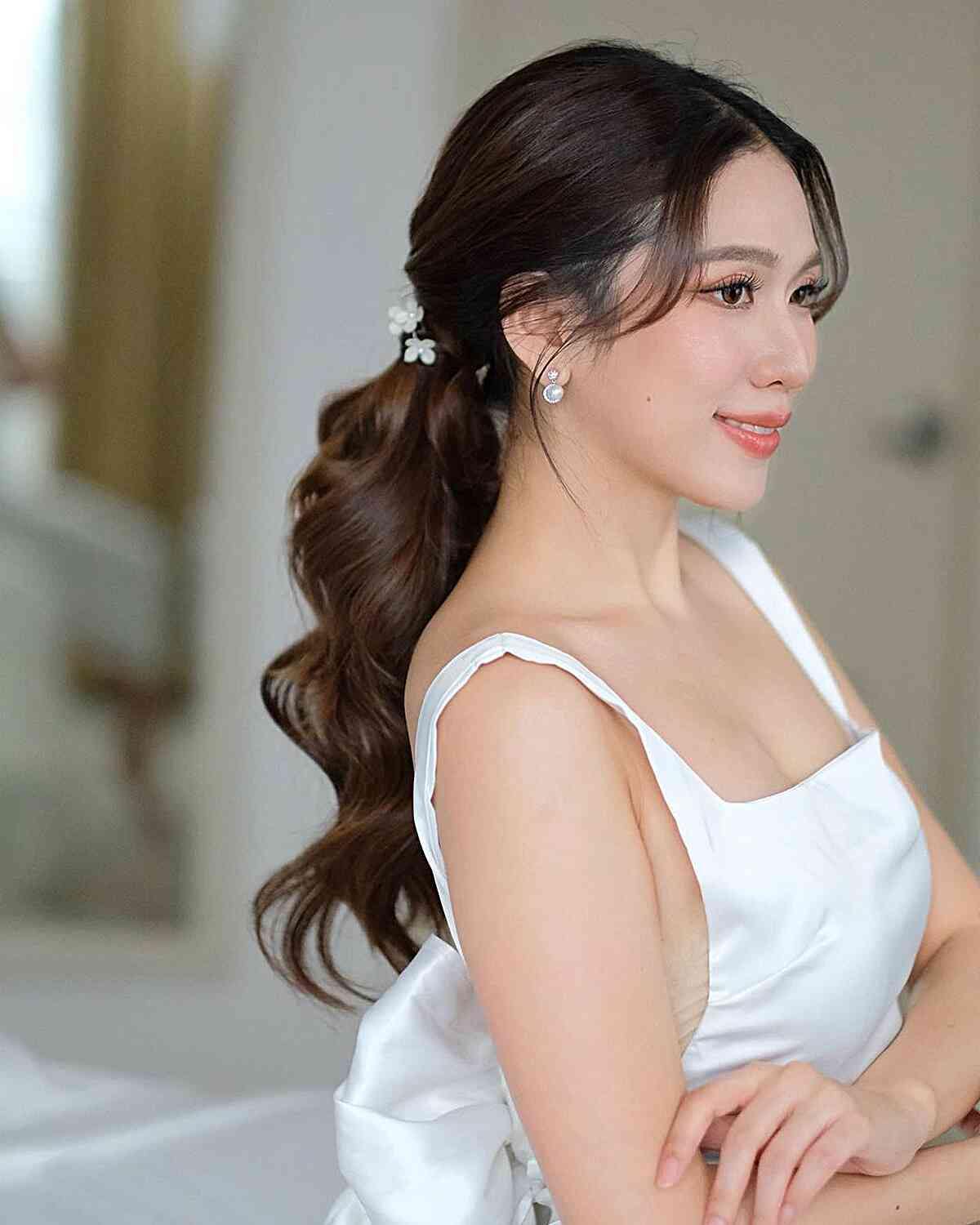 Bridal Soft Low Sleek Ponytail for Long Wavy Hair