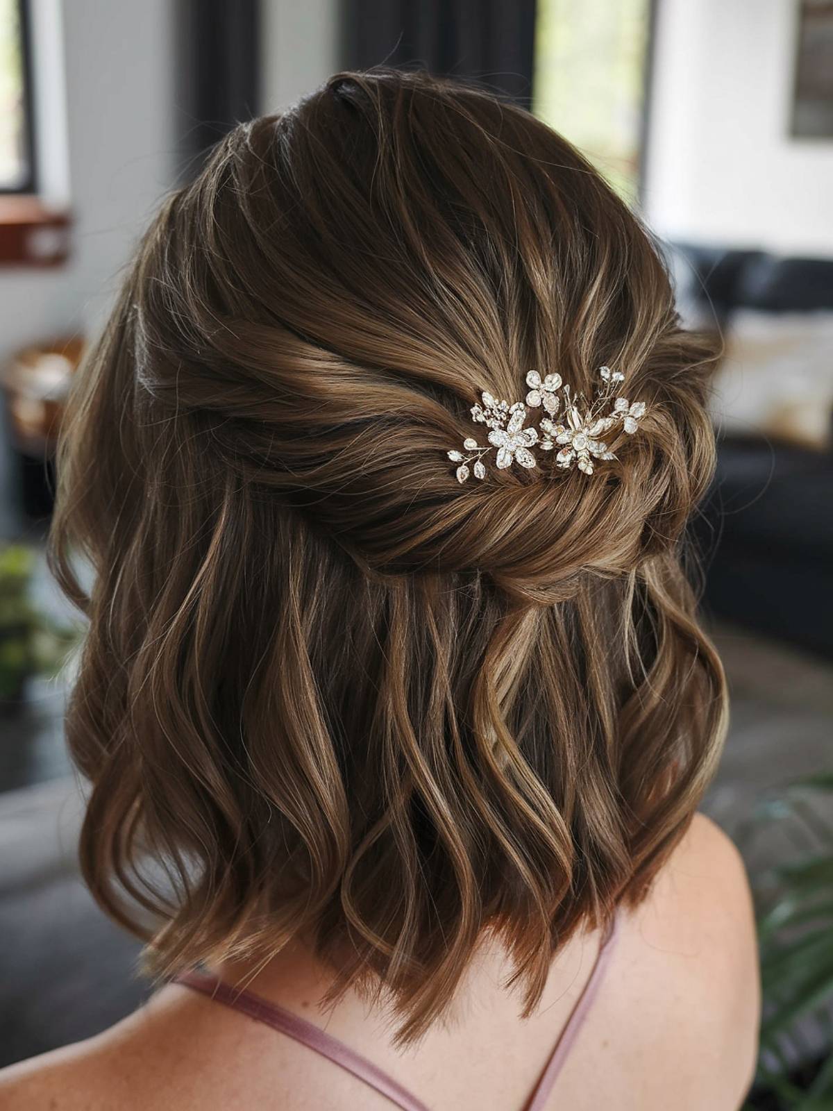 Bridesmaid half-up hair idea for short hair