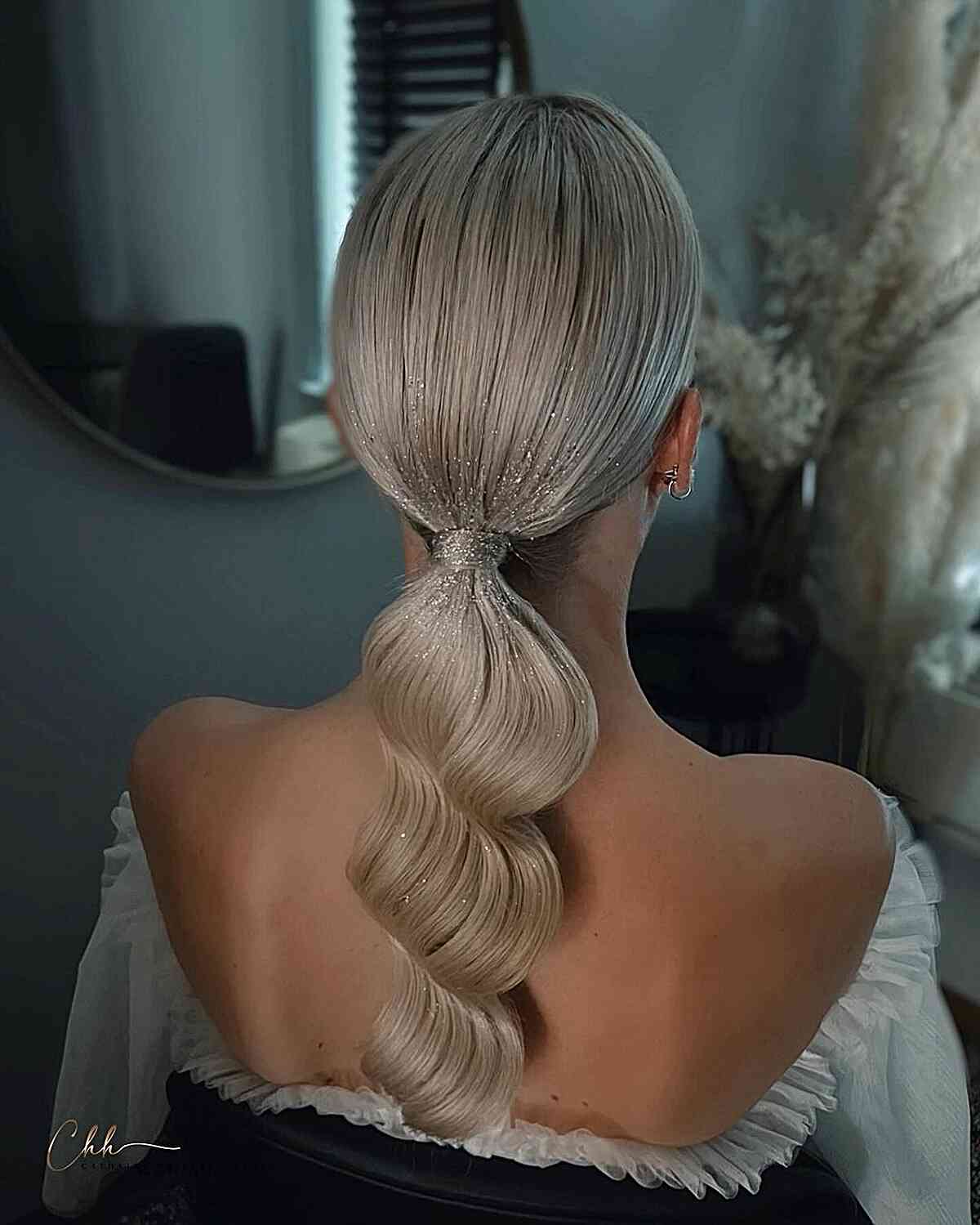 Bridesmaid Silver Hair Glitter on a Low Pony