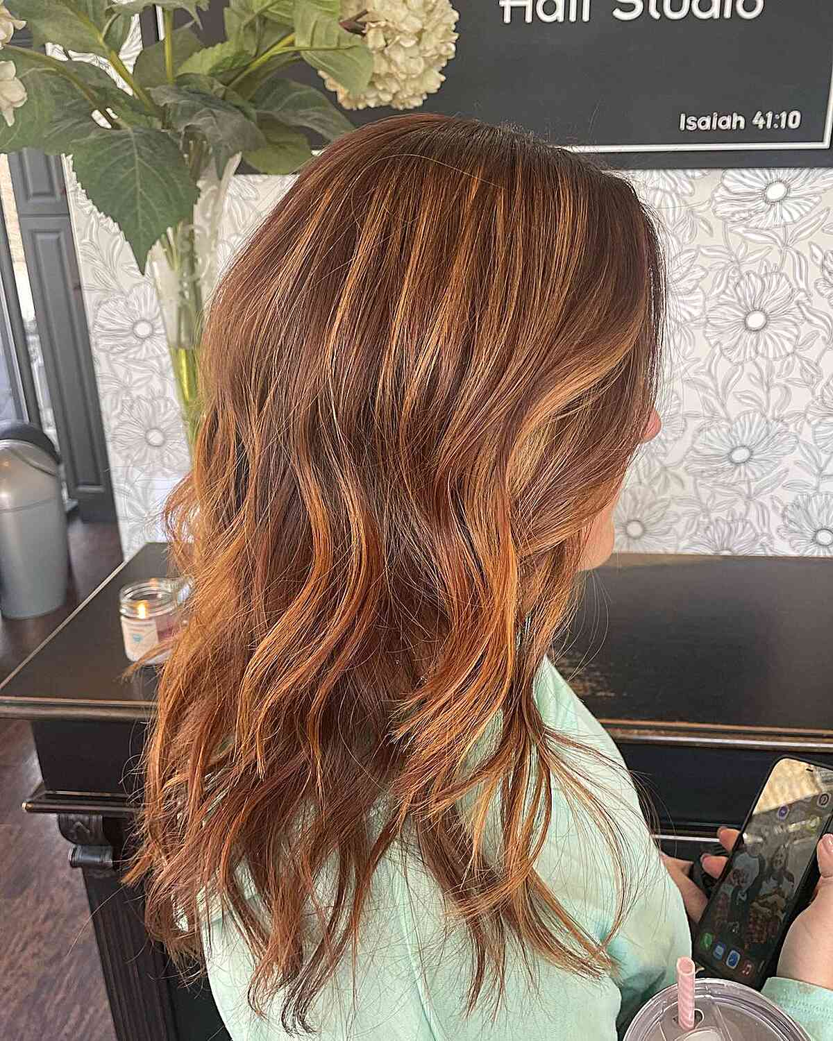 Bright Auburn Balayage Hair with Medium Layers