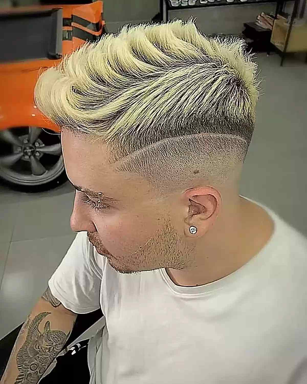 Bright Blonde Faux Hawk with Shaved Line for guys