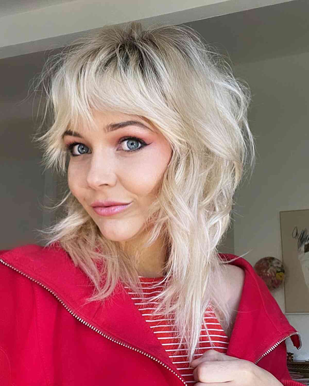 Bright Blonde Messy Shag for Thin Haired Ladies with bangs and lots of layers