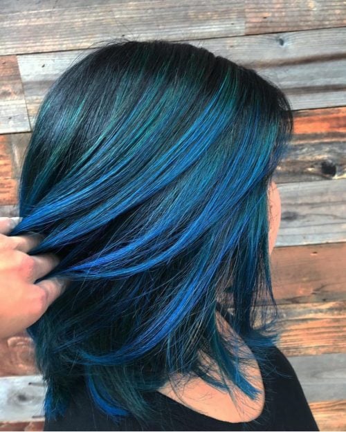 bright blue highlights on black hair