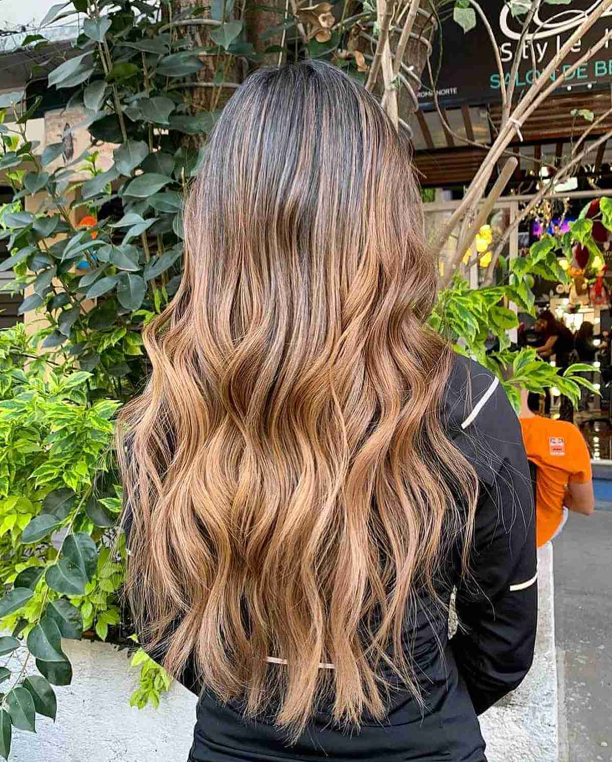 Bright Caramel Balayage Hair with Dark Roots for Brown Hair