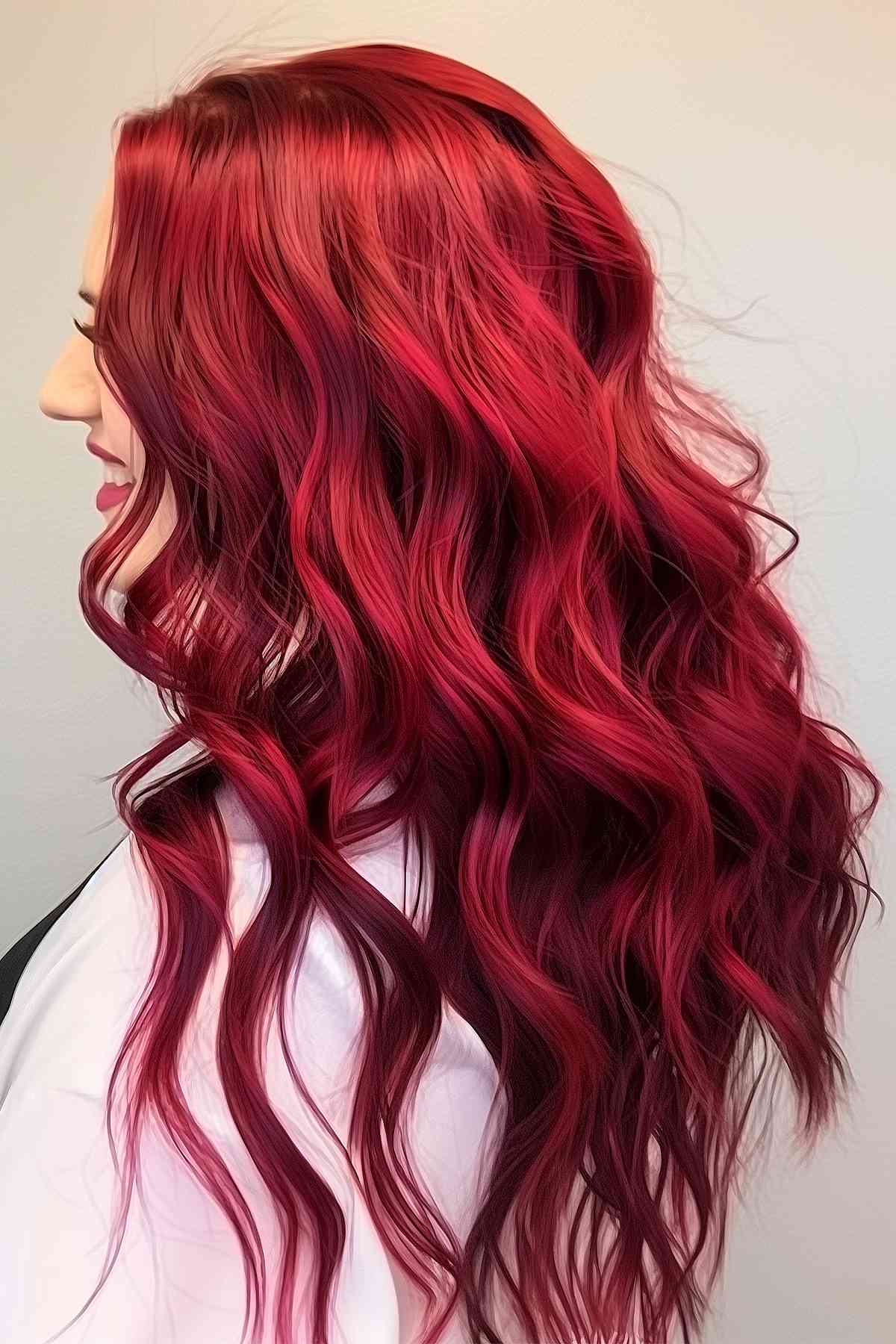 Bright cherry red hair with voluminous curls for a bold look on long hair.