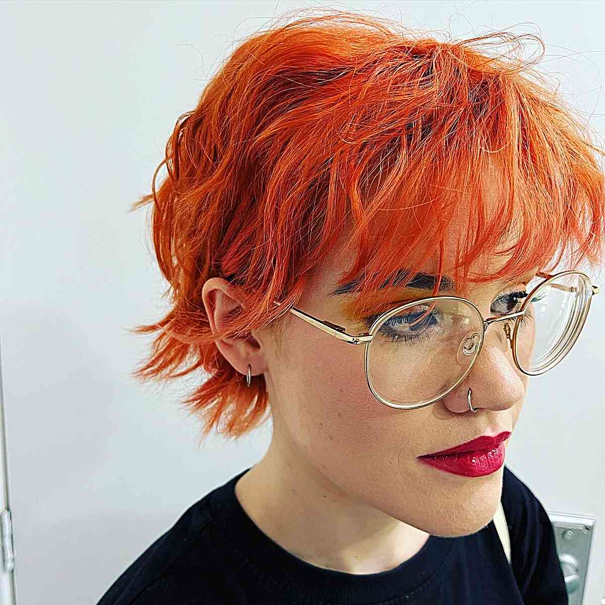 Bright Copper Hair with Messy Choppy Winged Pixie Cut and Bangs
