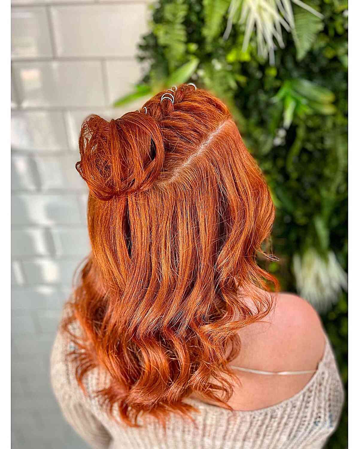 Mid-Length Bright Copper Hair with Top Braid for festivities