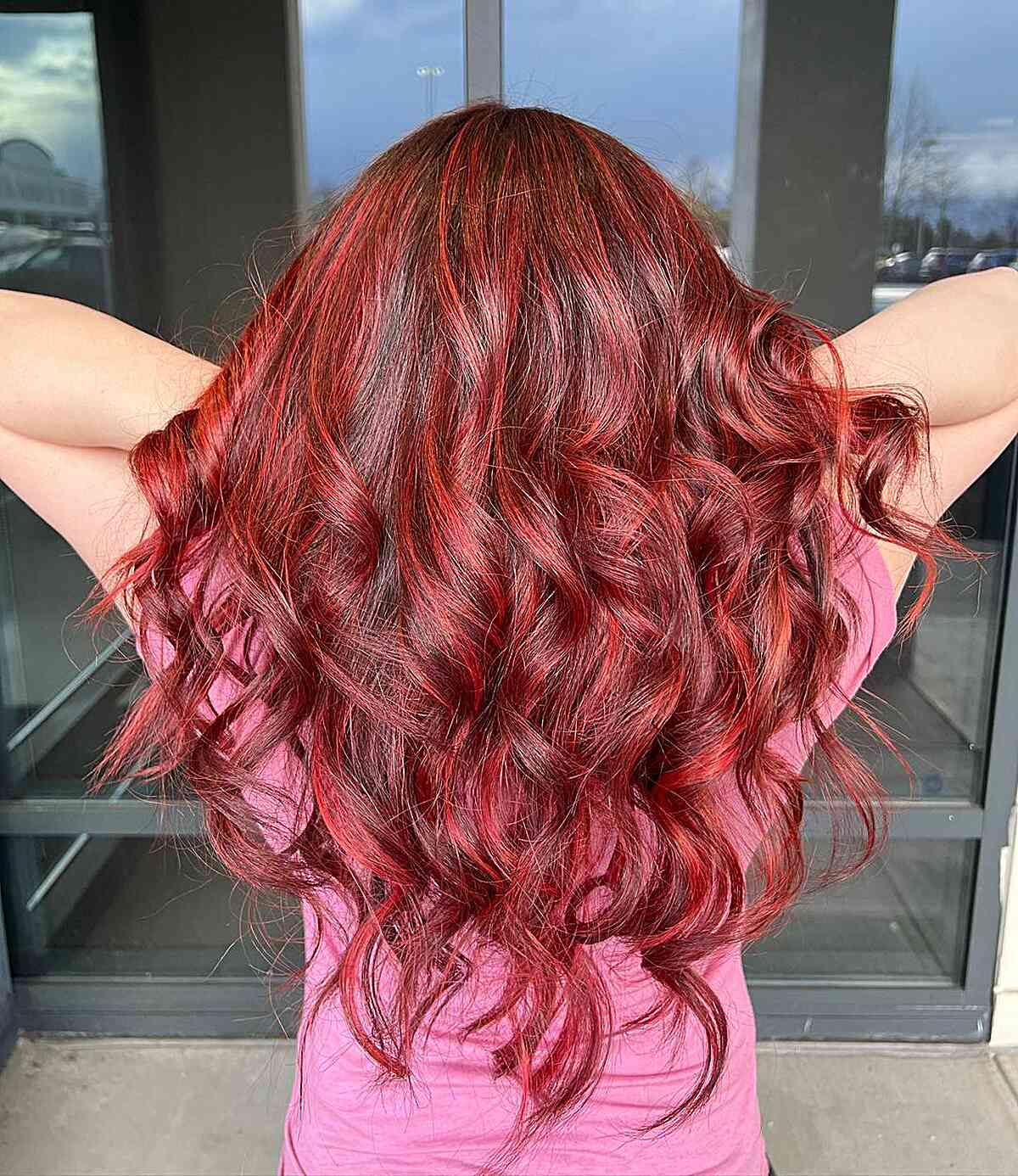 Bright Merlot Red Foilayage for Dark Brown Hair with Long Curls and Waves