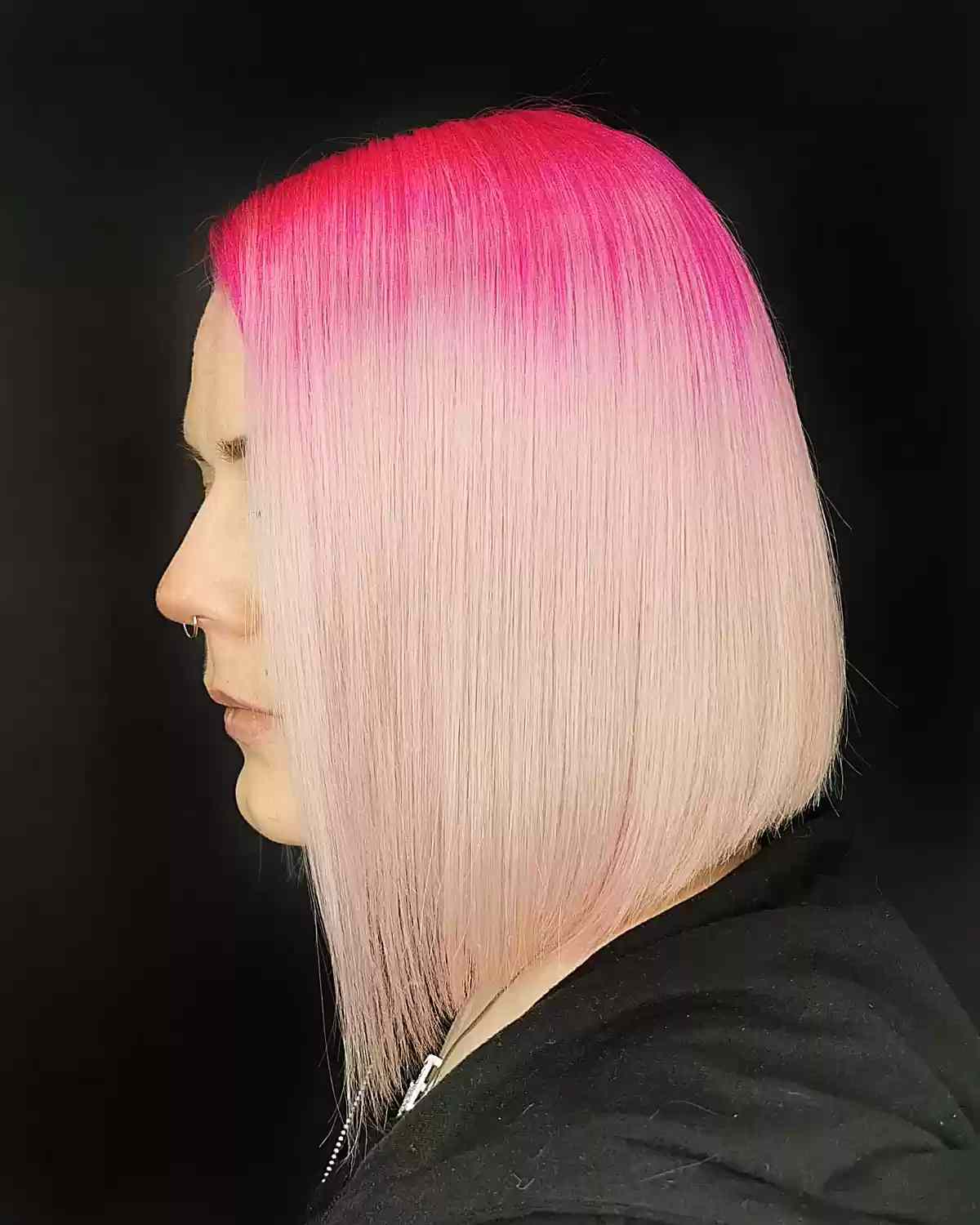 Bright pink rooted shoulder length ombre