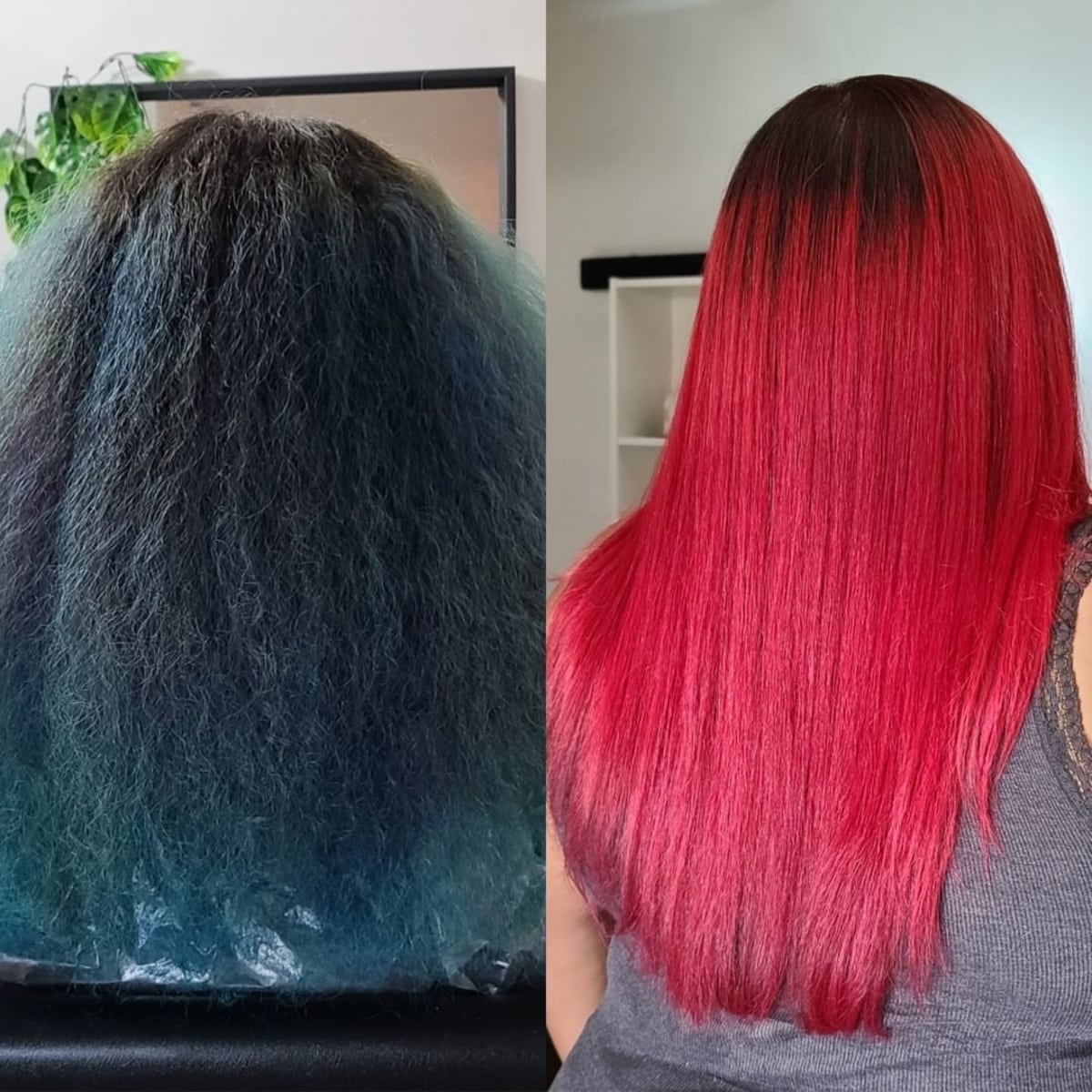 Bright red before and after hair transformation