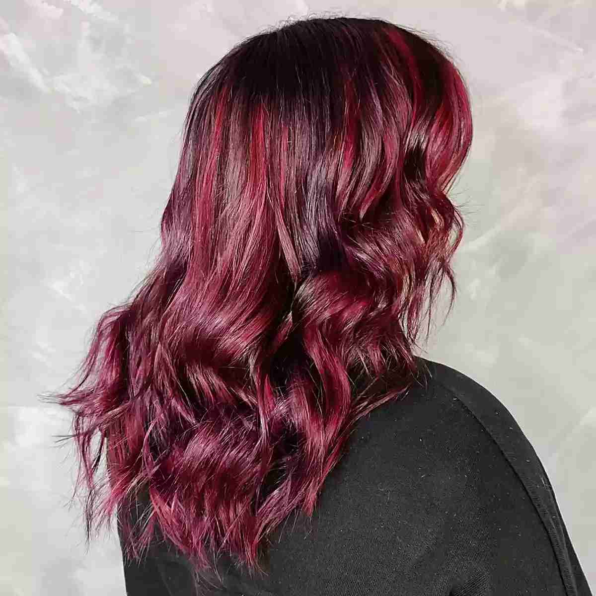 Bright Red Burgundy Balayage for Dark Hair and Wavy Style