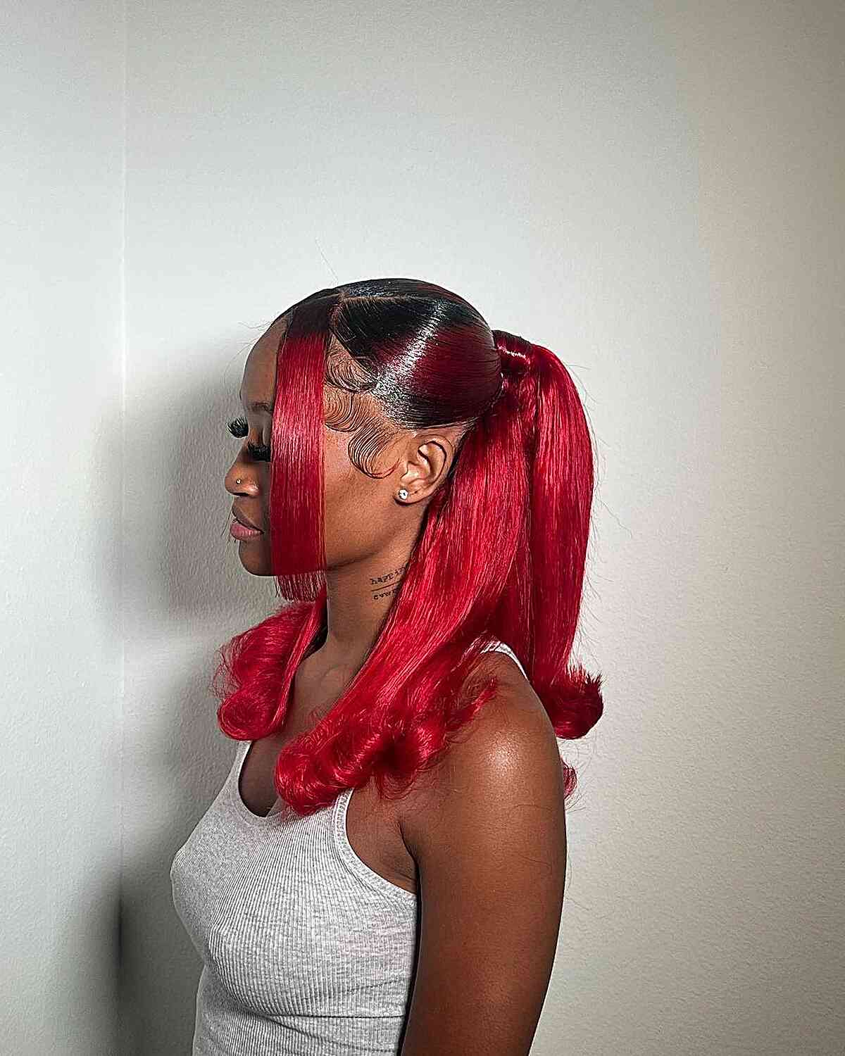 Bright Red Half-Up Ponytail with Sleek Edges