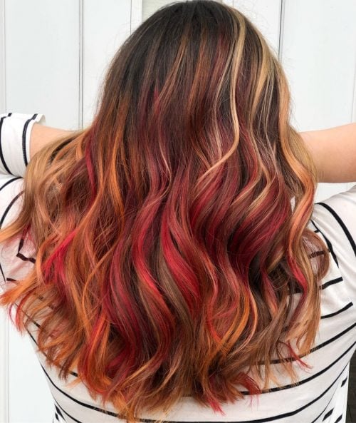 Dyed Bright Red Highlights in Dark Brown Hair