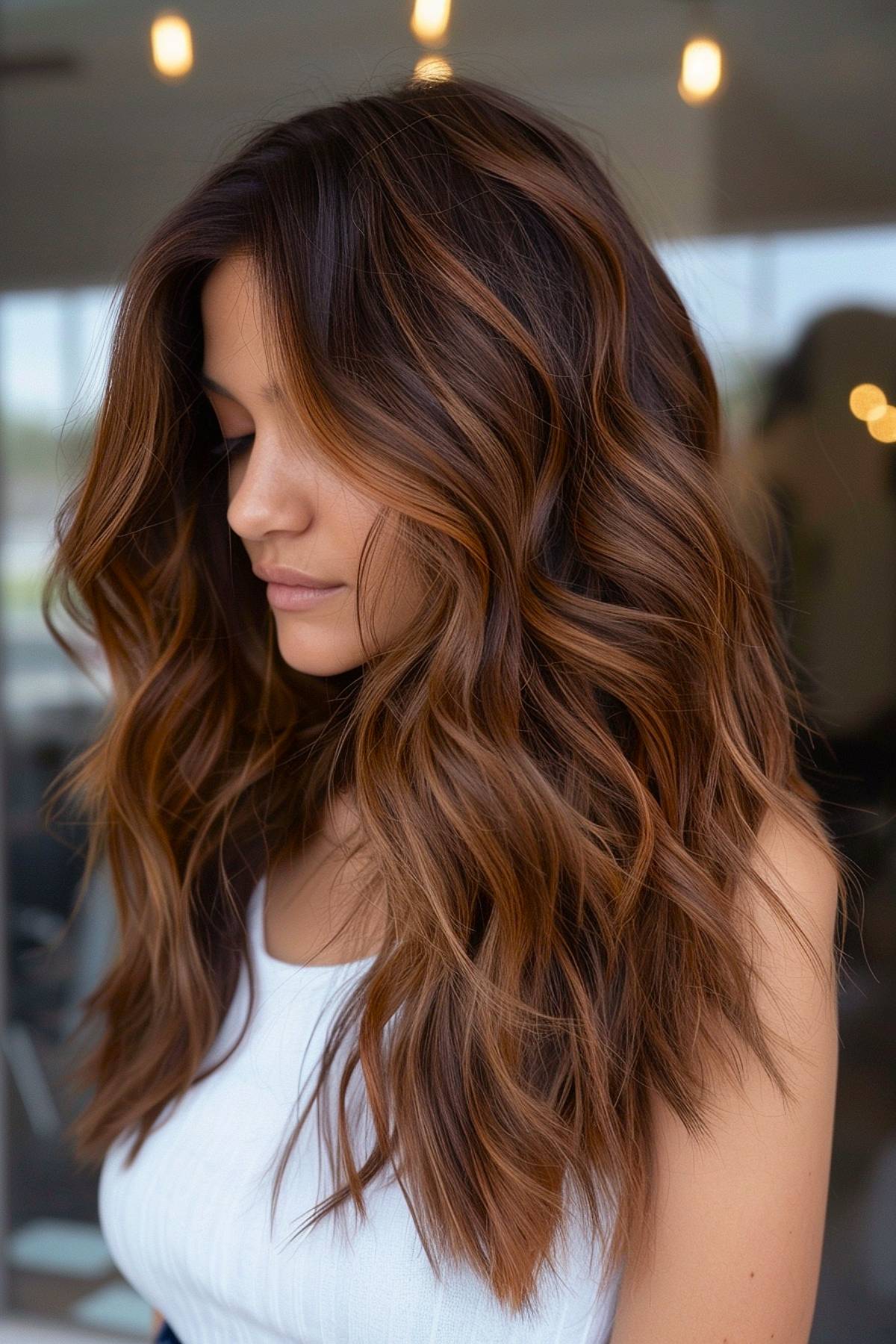 Chocolate brown hair with bronze and warm copper highlights, giving a multi-dimensional, luminous effect