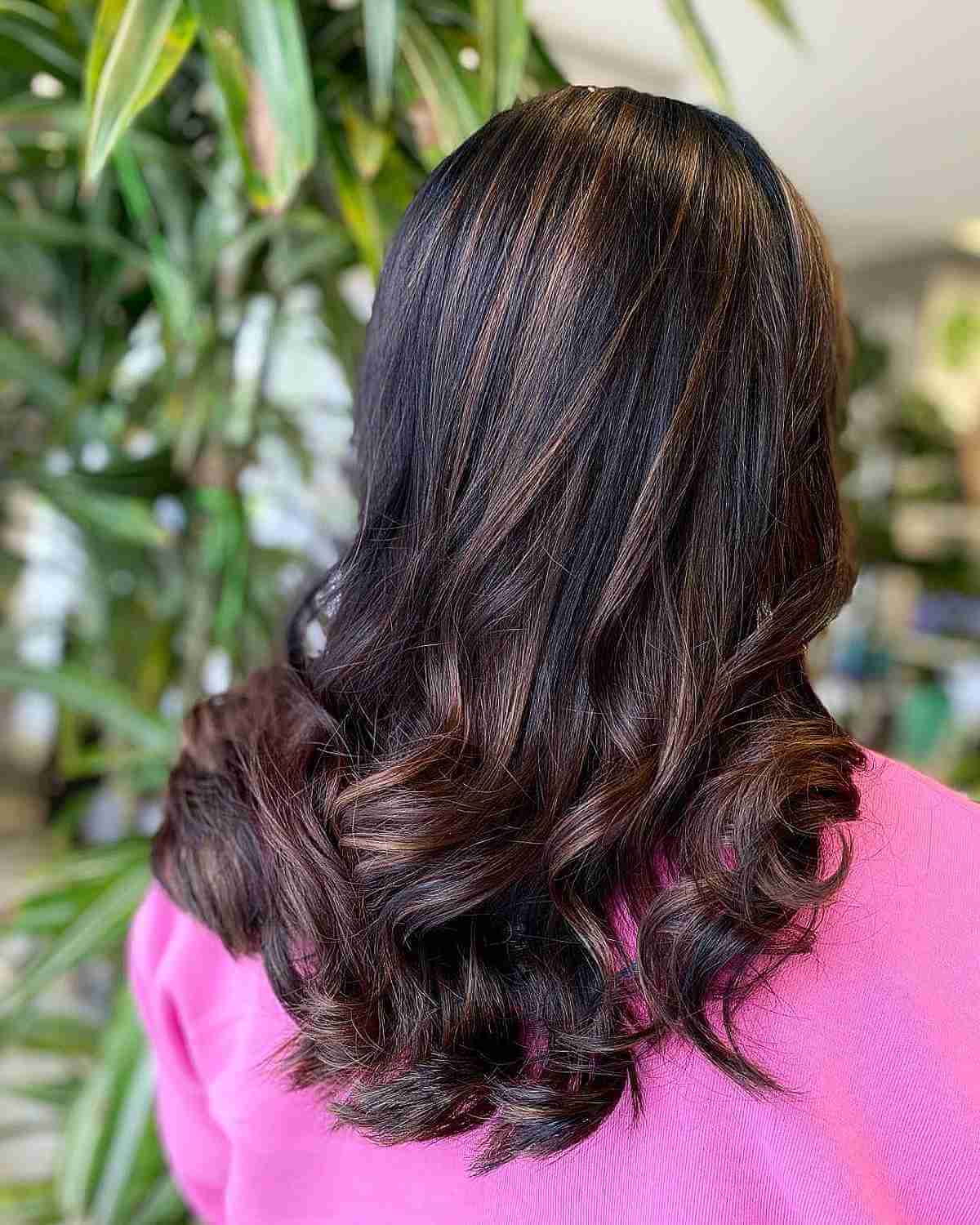 Brown-Black Balayage Highlights with Curled Ends
