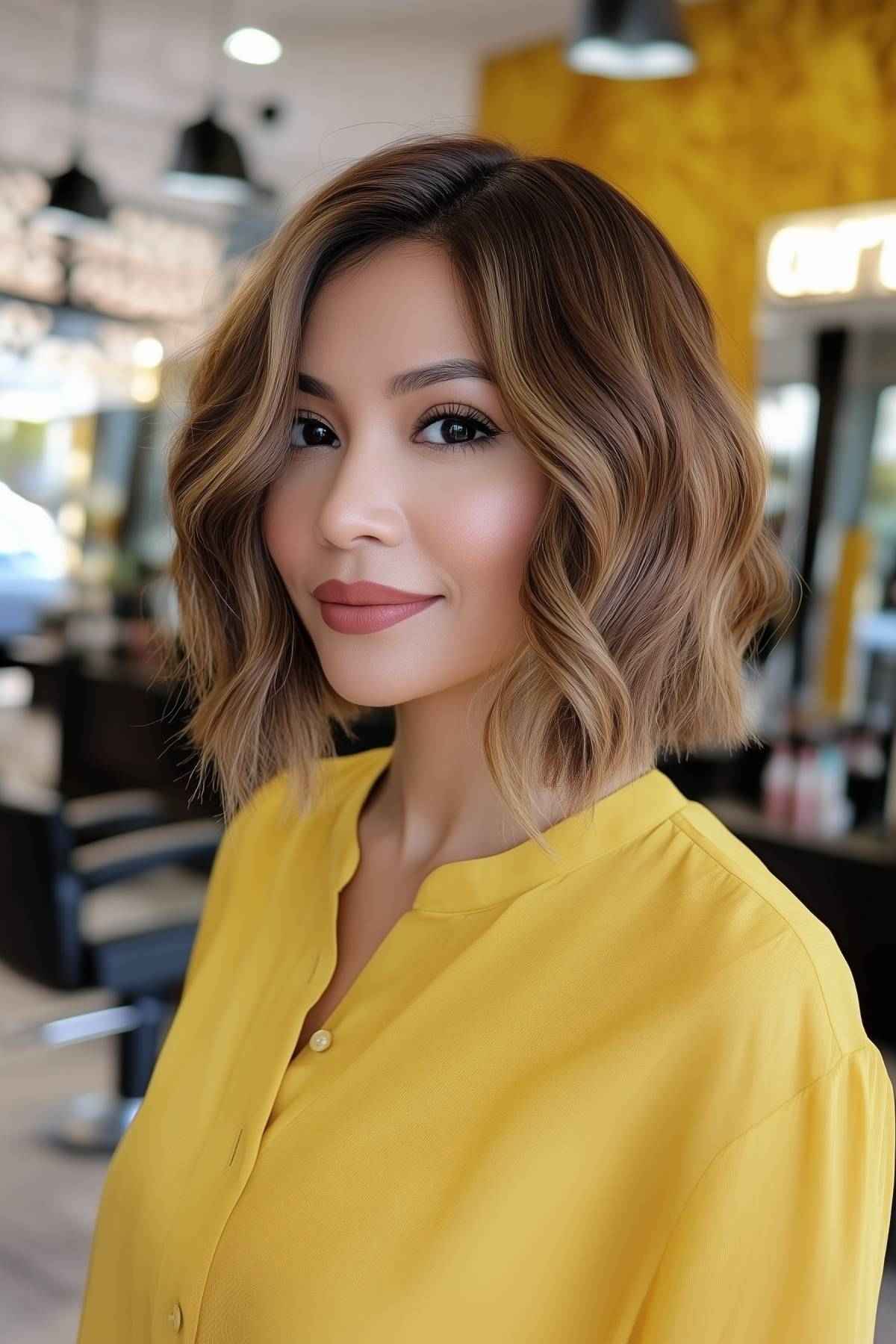 Wavy bob with balayage and sun-kissed highlights